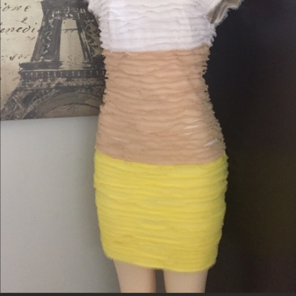 ❌SOLD❌ Bebe Tri-Tone Chiffon Fringed Sexy Dress